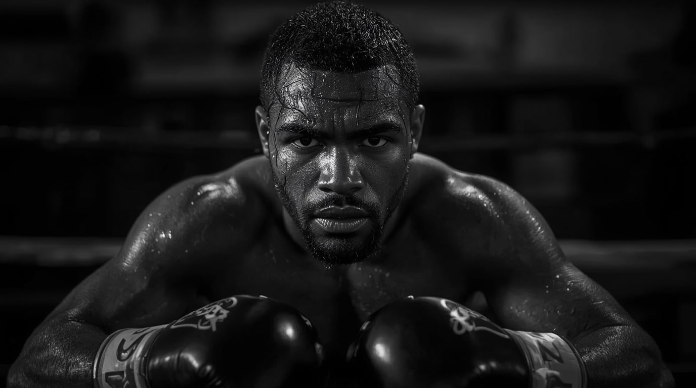 Leon Edwards stares intensely into the camera while sitting shirtless in a dimly lit gym, sweat on his face and torso, wearing black MMA gloves, with the caption overlay "Yesterday’s the past, tomorrow’s the future, but today is a gift" – his first public statement since being knocked out cold by Carlos Prates at UFC 322.
