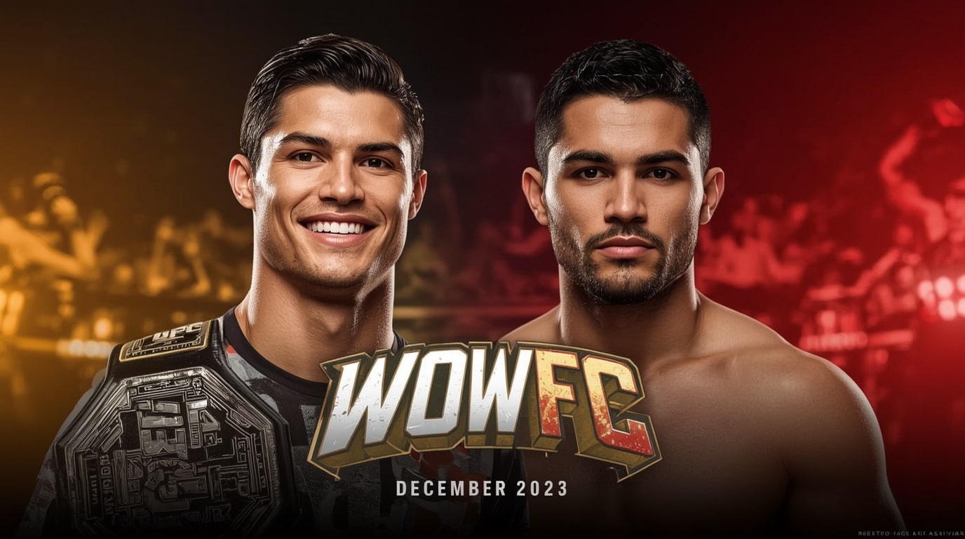 Cristiano Ronaldo smiling with WOW FC logo and UFC champion Ilia Topuria, symbolizing his shareholder role in Spanish MMA promotion December 2025