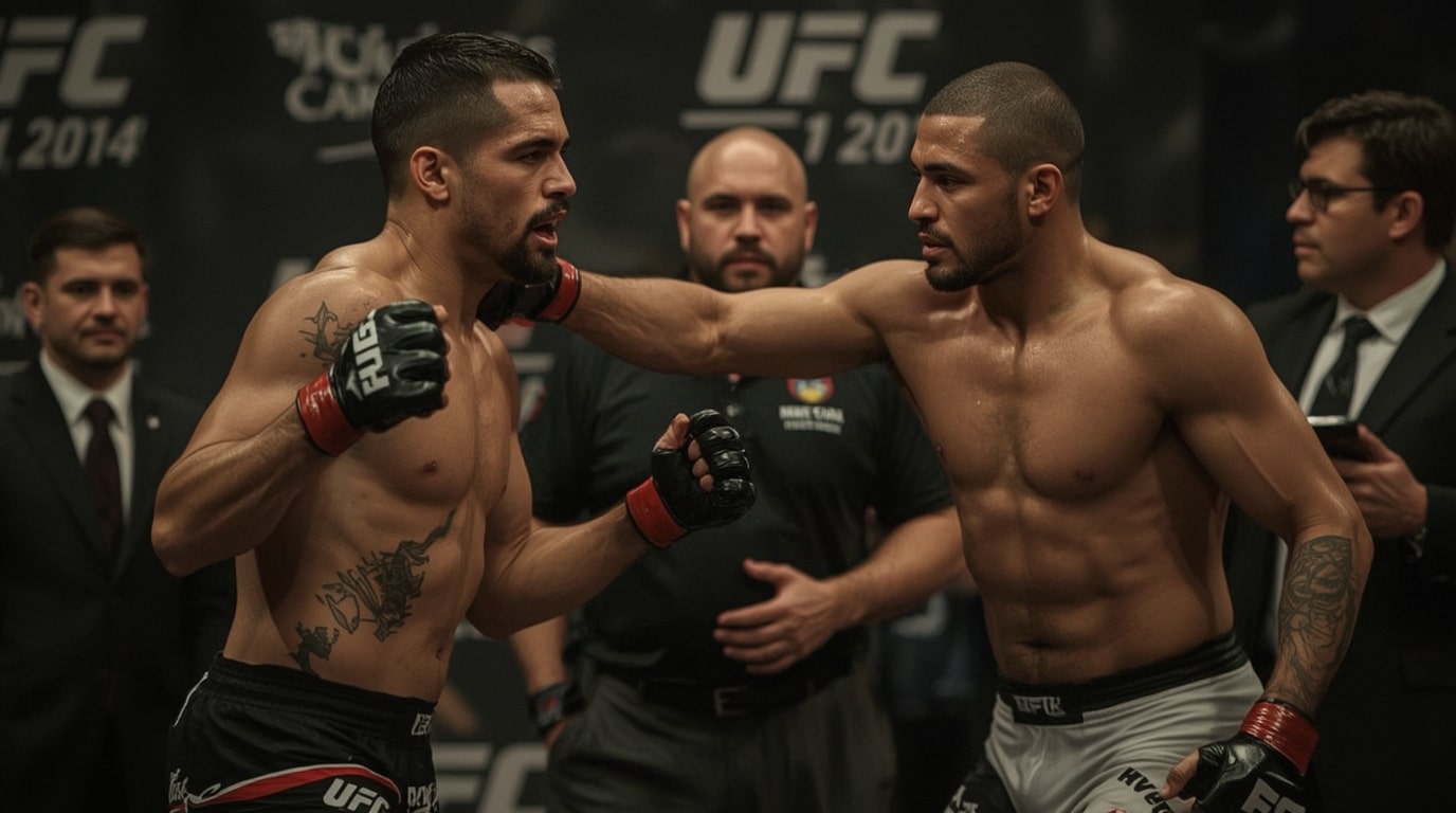 UFC fighters Alex Ramirez and Marcus Delgado in heated backstage shove at Las Vegas hotel on December 18 2025, risking lightweight title main event at T-Mobile Arena under athletic commission investigation