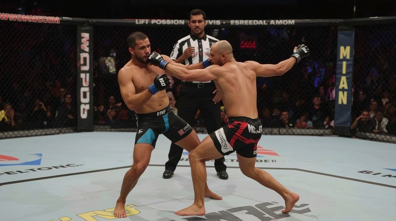 Diego “El Diablo” Ramirez lands a flying knee on Marcus “The Titan” Thorne during the main event of WOW FC 305 at the Apex Arena in Las Vegas, moments before the referee stops the fight and crowns Ramirez the new heavyweight champion.