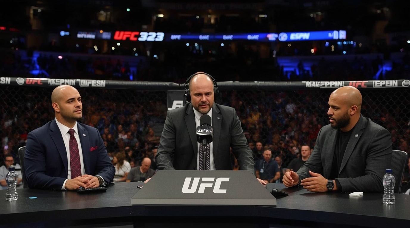 Joe Rogan in the UFC commentary booth during his final pay-per-view broadcast at UFC 323 on December 6, 2025, marking the end of the ESPN era and his 25-year legacy as the voice of MMA.