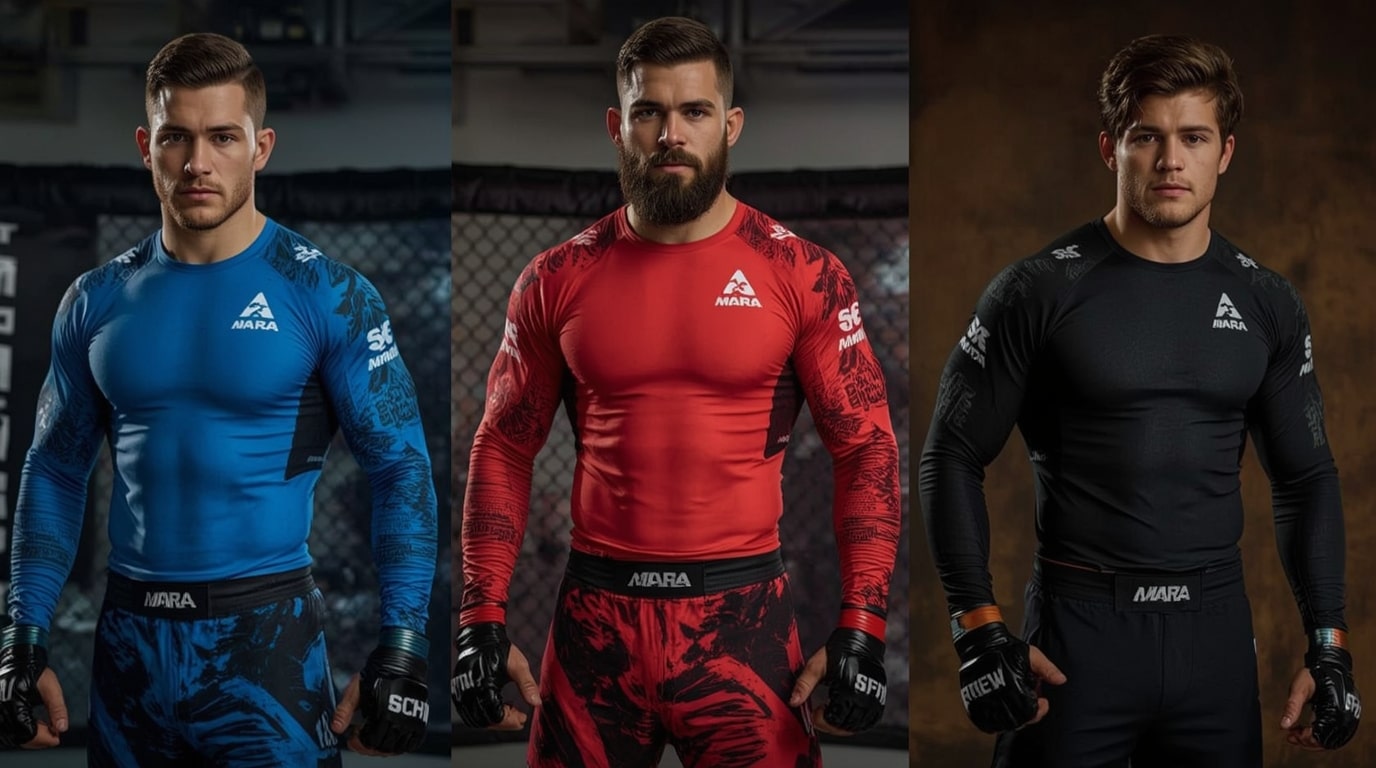 Fighters wearing the new Mara MMA Bold New Athlete Collection in electric blue and fire-red fight shorts and rash guards, posing intensely inside the octagon under dramatic arena lighting, with the Mara logo prominently displayed on the cage banner.