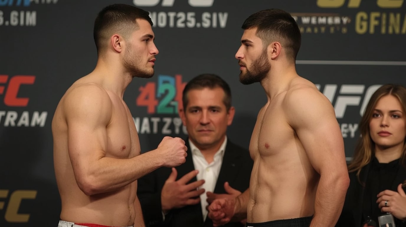 Merab Dvalishvili and Petr Yan face off intensely at the UFC 323 ceremonial weigh-ins, with the bantamweight title belt placed between them on the table. Dvalishvili stands on the left in red and white, staring down Yan on the right in black and gold. The T-Mobile Arena crowd and bright stage lights are visible in the background.