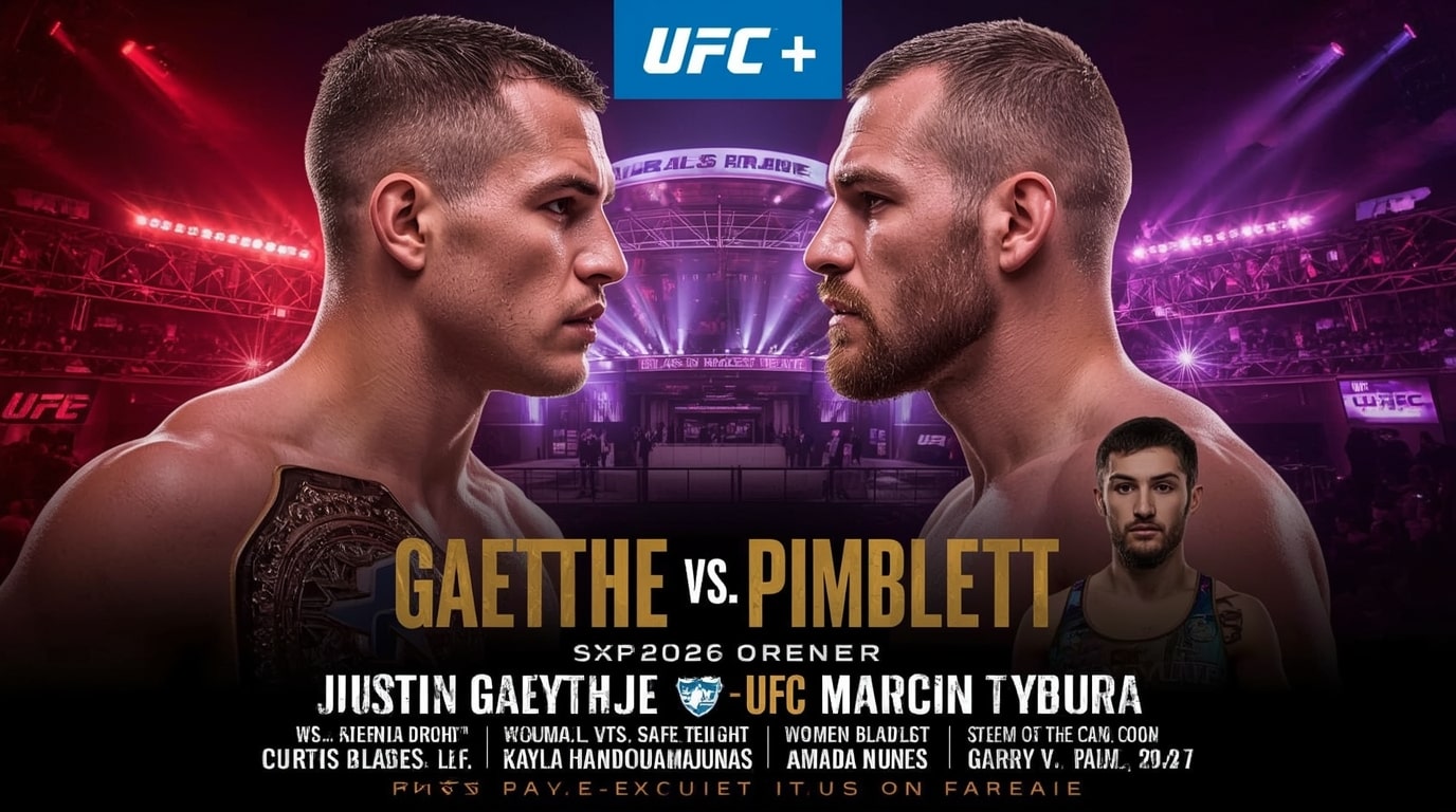 Official UFC 324 fight poster featuring Justin Gaethje and Paddy Pimblett staring each other down in dramatic red and purple lighting, with the T-Mobile Arena backdrop and the interim lightweight belt prominently displayed. Below them, heavyweight contenders Curtis Blaydes and Marcin Tybura, plus Kayla Harrison vs. Amanda Nunes co-main event imagery.