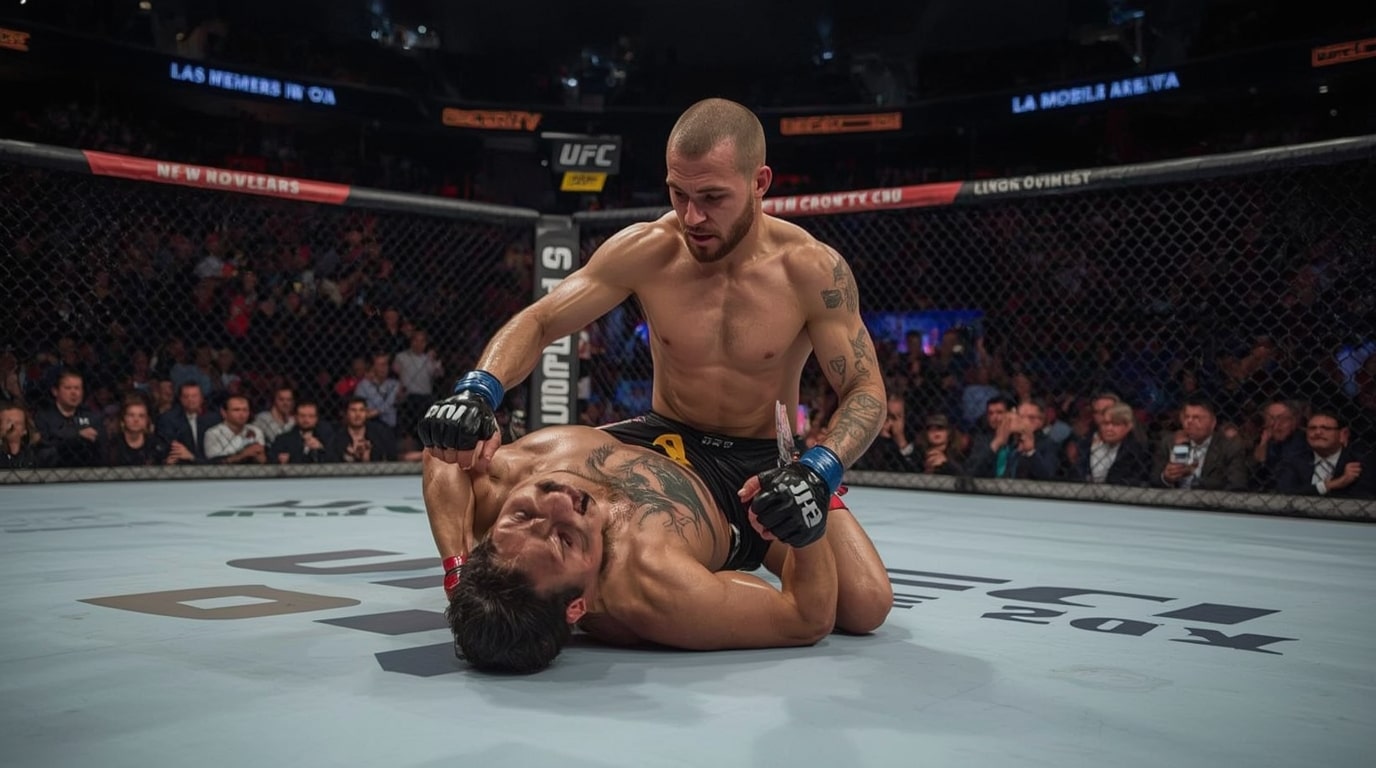 Russian MMA fighter Petr Yan delivering a knee strike to Petr No Mercy during their bantamweight title rematch at UFC 323 in Las Vegas T-Mobile Arena on December 6, 2025