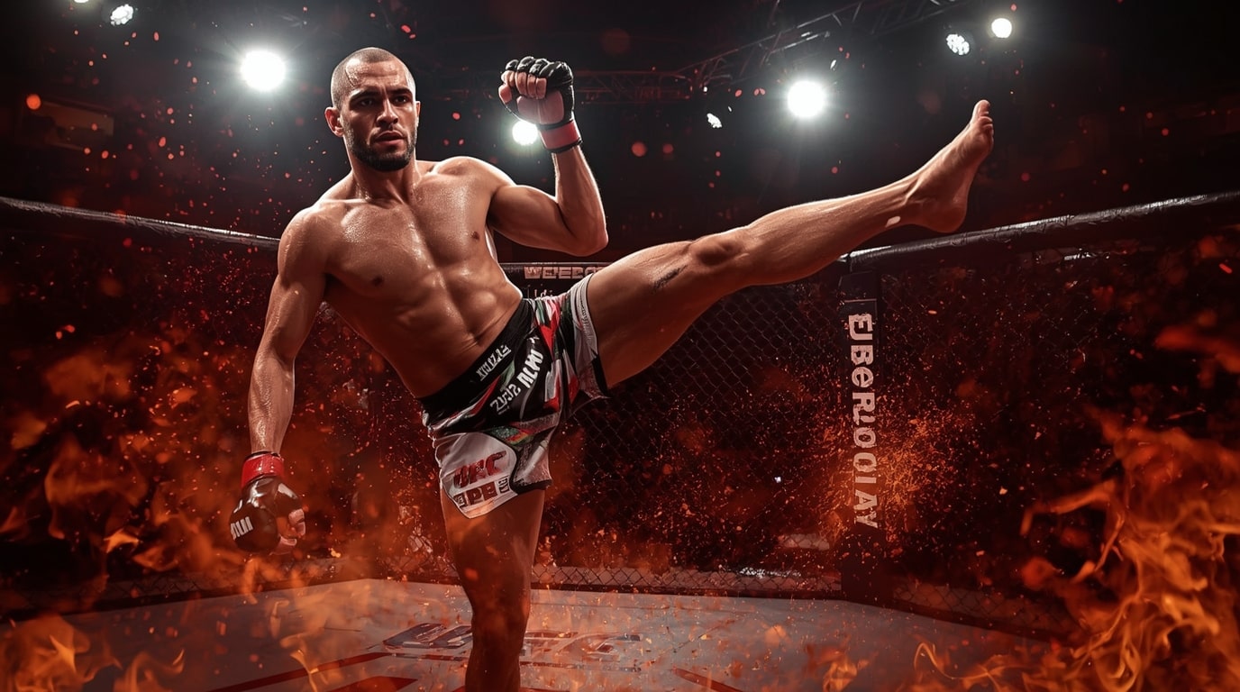 Dynamic action shot of UFC lightweight Edson Barboza mid-leg kick in a neon-lit octagon, sweat-drenched and fierce-eyed, with faint overlay of a scale and sauna steam symbolizing his brutal weight cut struggles ahead of the Jalin Turner showdown at UFC 323.