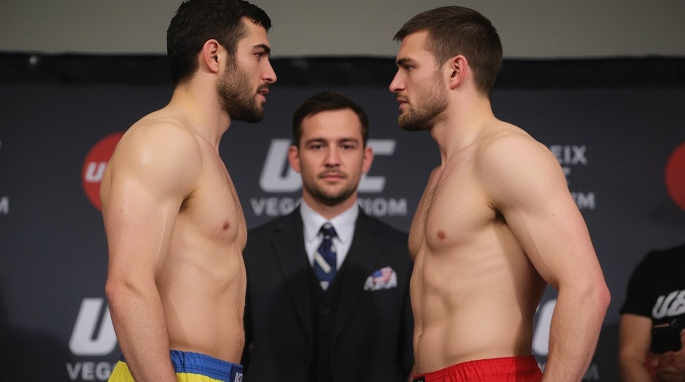 Yaroslav Amosov (left, in blue and yellow) and Neil Magny (right, in red and black) stare each other down during the UFC Vegas 112 weigh-ins at the UFC Apex. The two welterweights stand nose-to-nose with the Octagon cage wall behind them, Ukrainian and American flags visible on their respective banners.